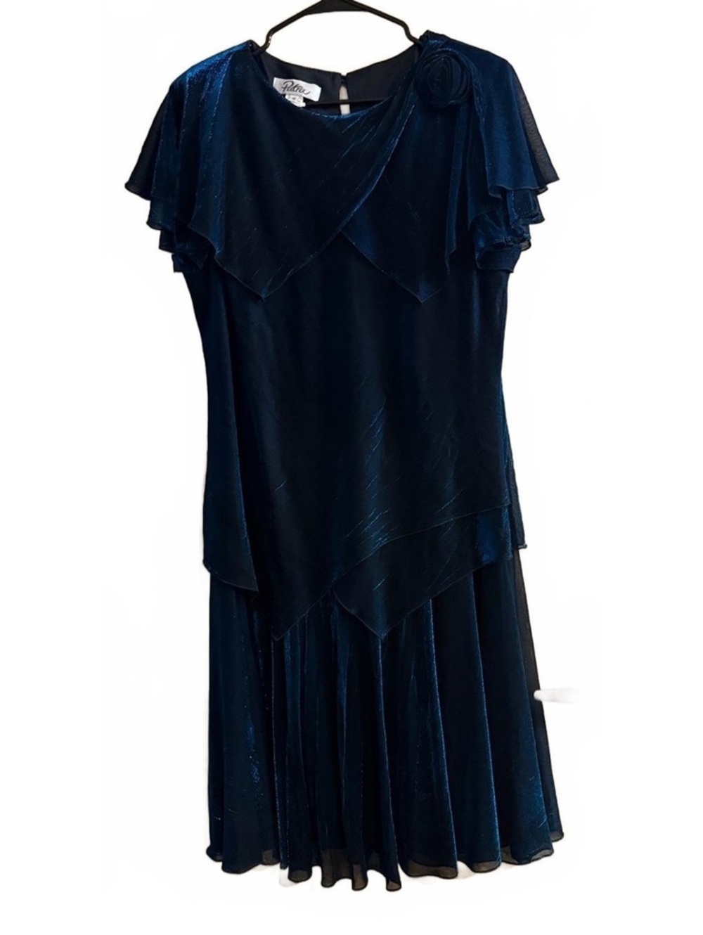 1980s Patra midnight blue iridescent cocktail dress layered handkerchief size 16